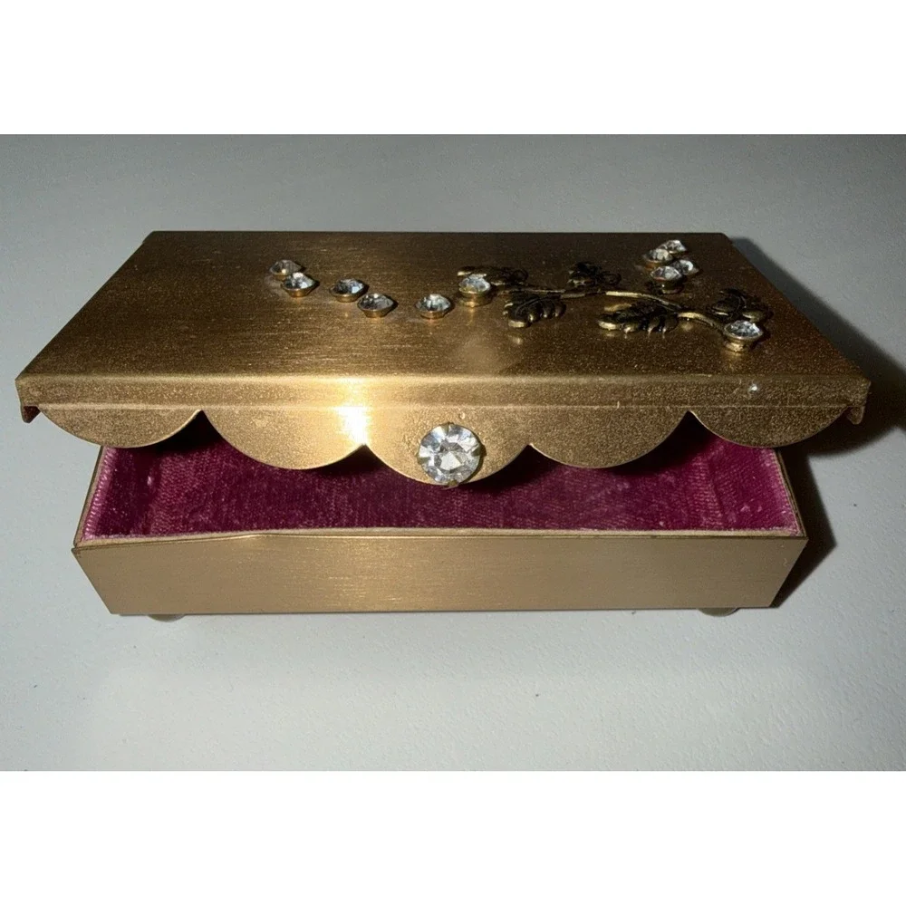 Vintage Mini Brass Jewelry Box with Rhinestones And Mirror 4.0 X‎ 2.5 X 1.25